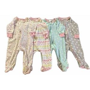 Baby Girl 3-6 Months Footed Sleeper Pajama PJ Lot Of 4 Pink Blue Polka Dot